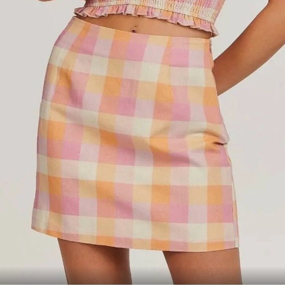 Charlie Holiday Gingham Linen Blend Mini Skirt Pastel Check Size 4